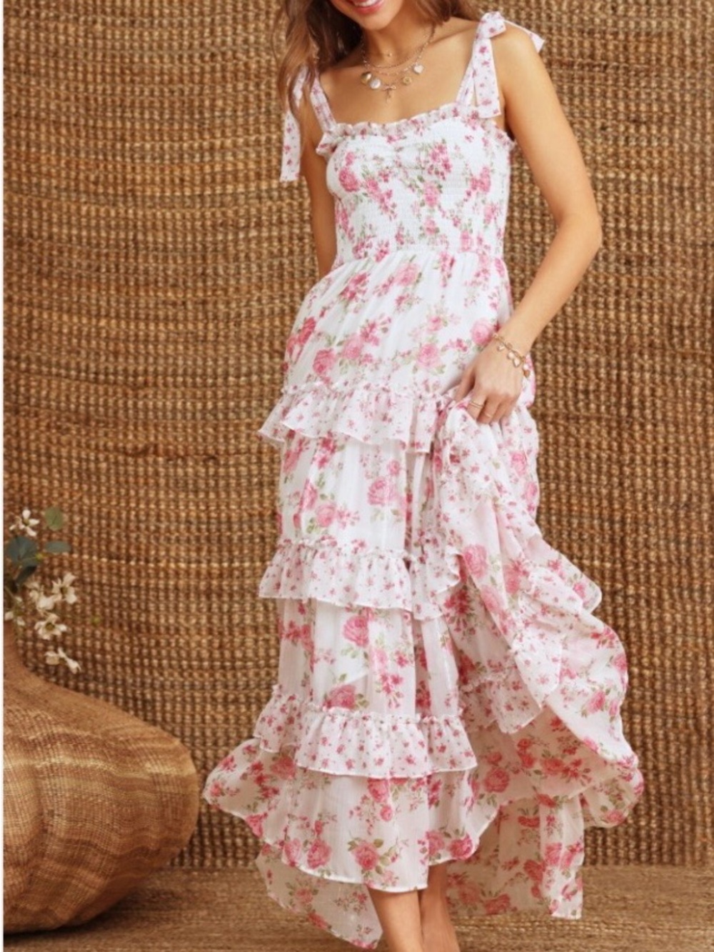 Altar'd State Kenzynly Q68 White and Pink Floral Tiered Ruffle Maxi Dress